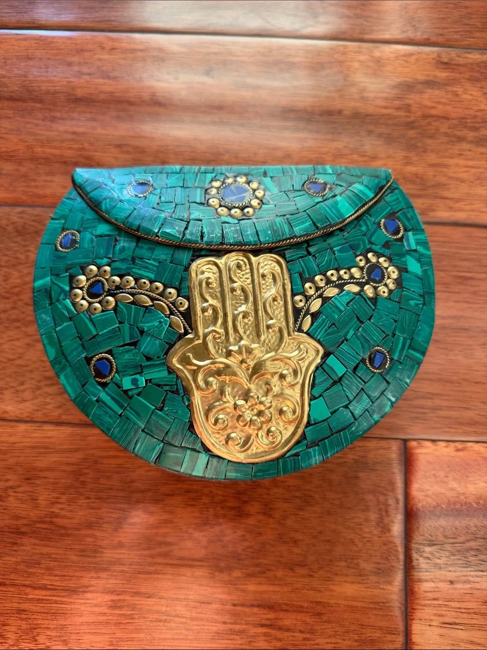 Ramla Green Mosaic Clutch with Gold Hamsa Accent Moroccan
